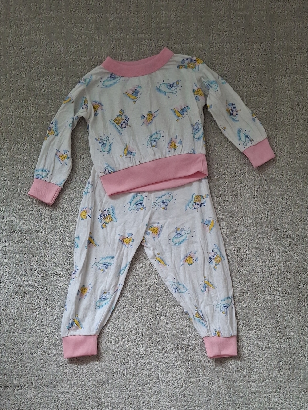 Vintage Toddler Girl Pink-Trim Printed Two-Piece Cotton Pajamas